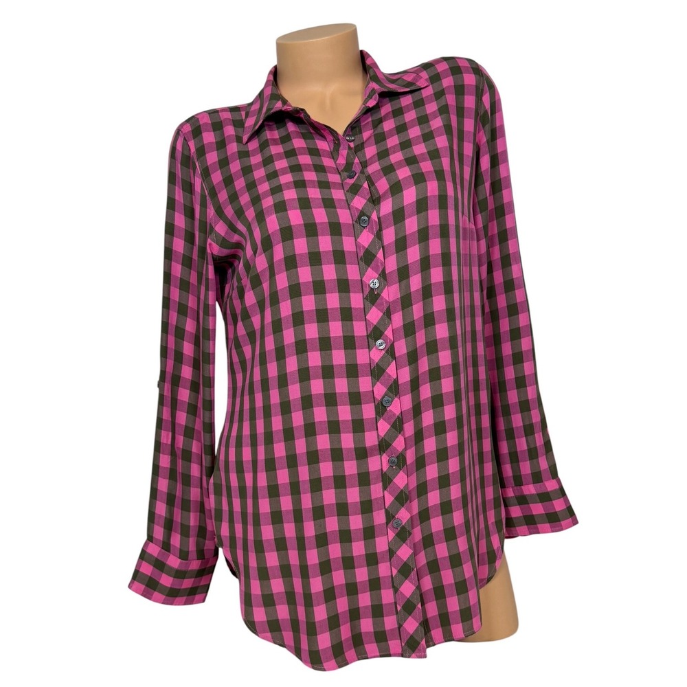 Talbots Women Small Pink Olive Green Gingham Rayon Button Down Long Sleeve Shirt